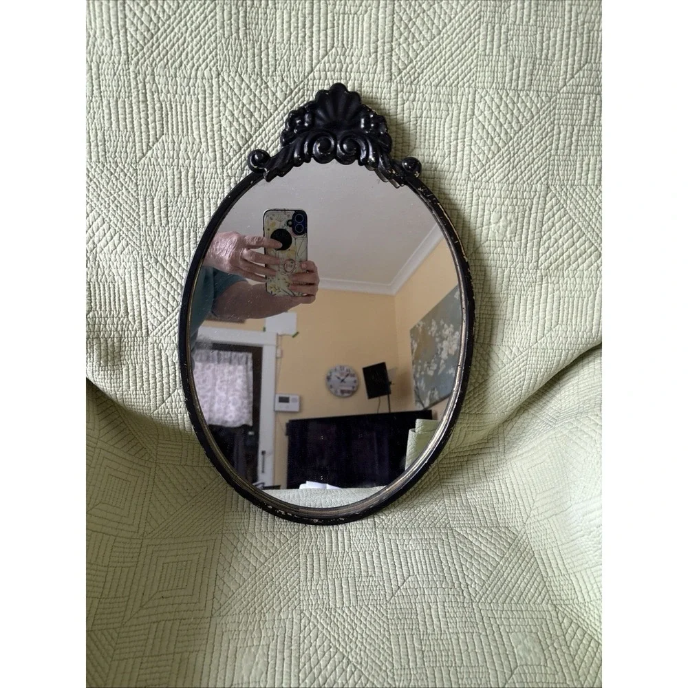 Ornate Oval Wall Mirror Metal Black Gold Distressed Victorian Style 16.5